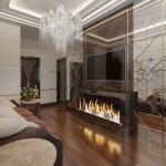 Living room design with fireplace. Photo 2020 