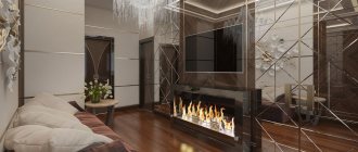 Living room design with fireplace. Photo 2020 